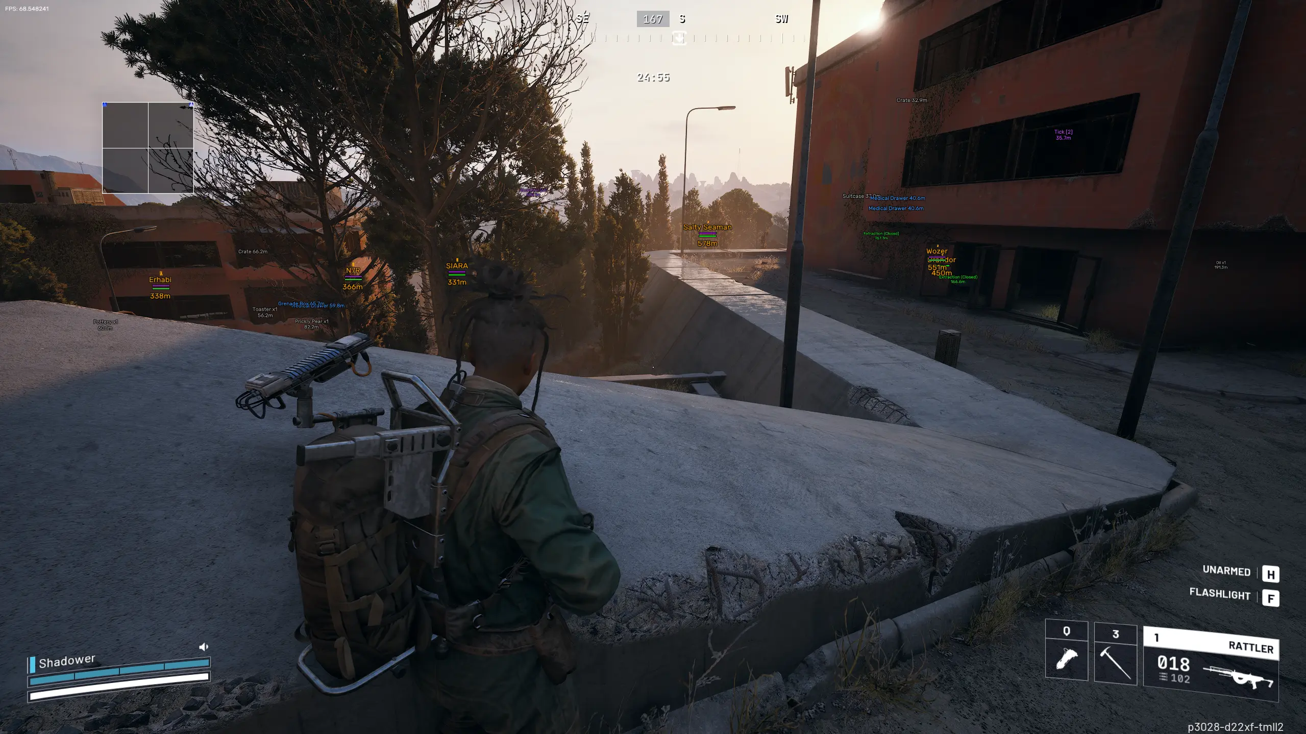 Arc Raiders cheats - aimbot tracking an enemy at range with bullet prediction
