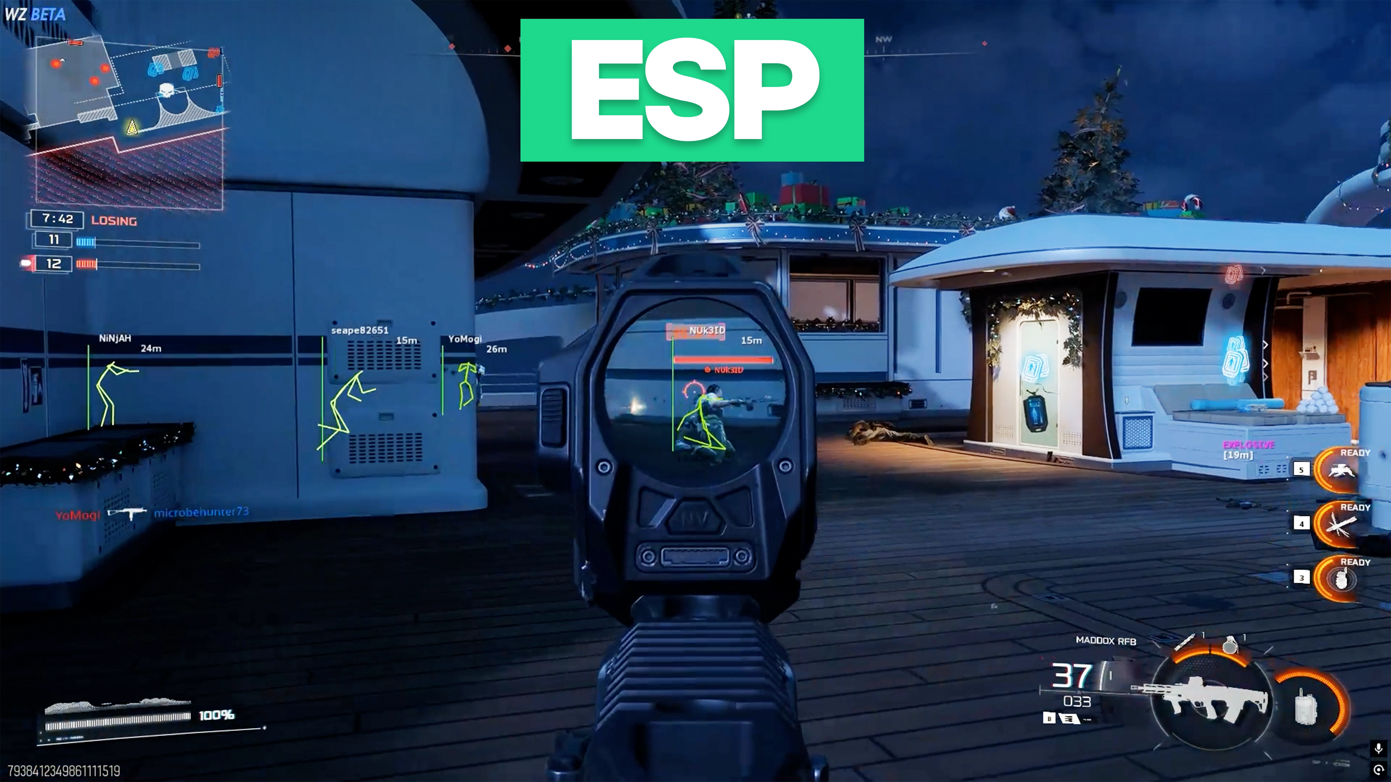 Black Ops 7 hacks - ESP wallhack showing enemy squads, shields and loot through walls